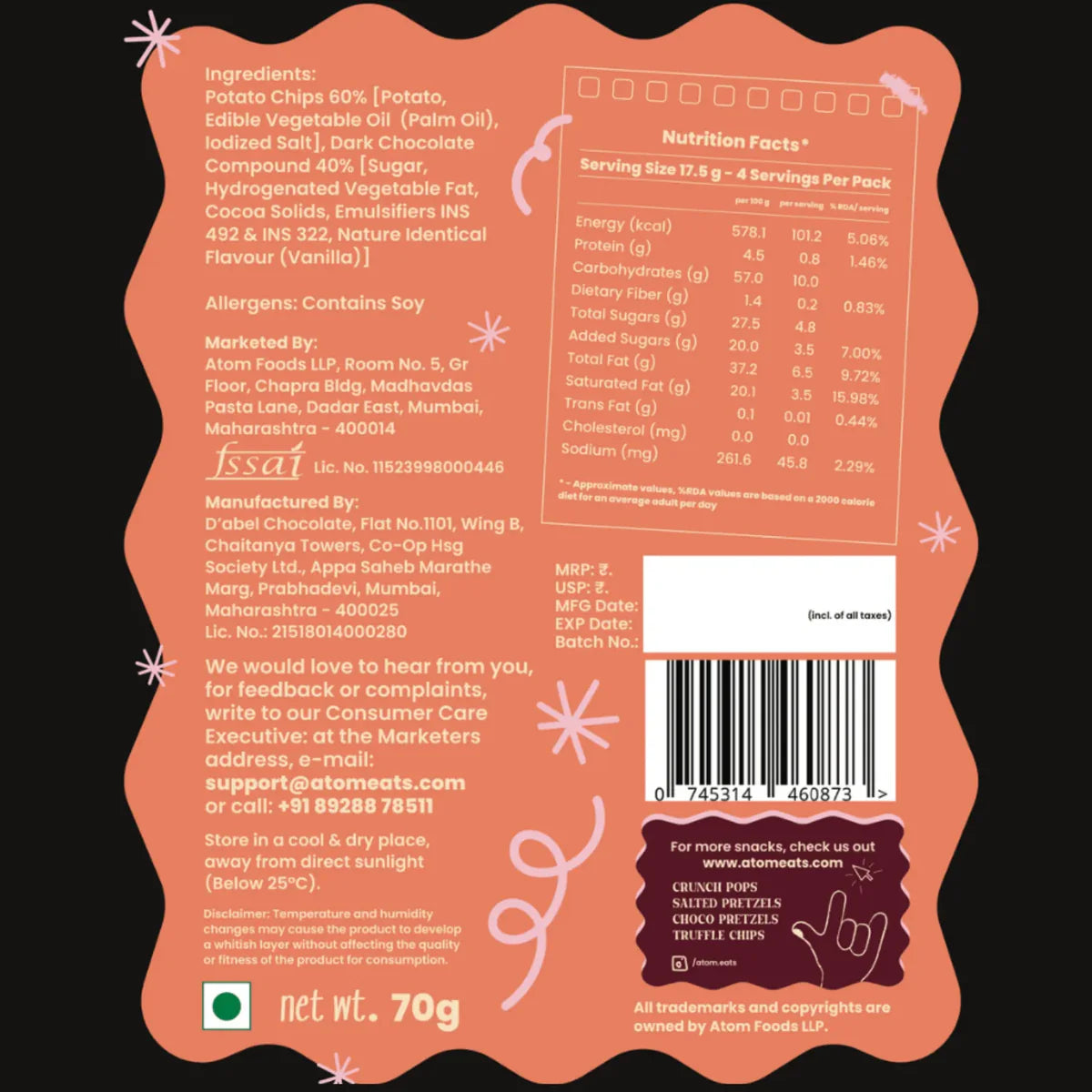 Dark Choco Potato Chips (70G Pack)